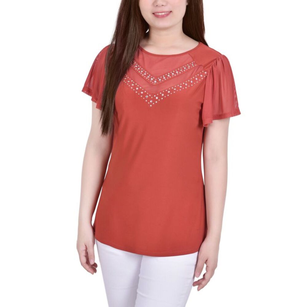 NY Collection Petite Studded Short Flutter Sleeve Top